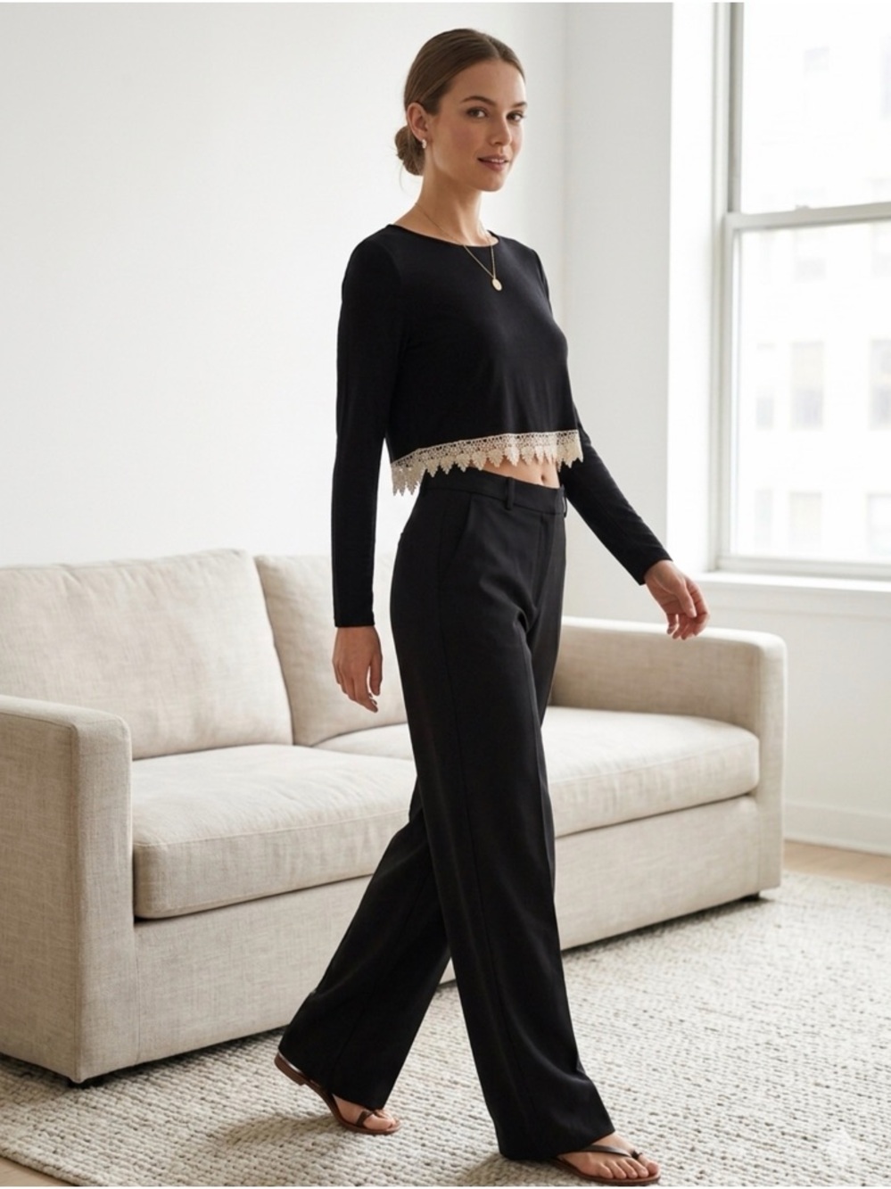 Black Long-Sleeve Crop Top with Cream Lace Trim
